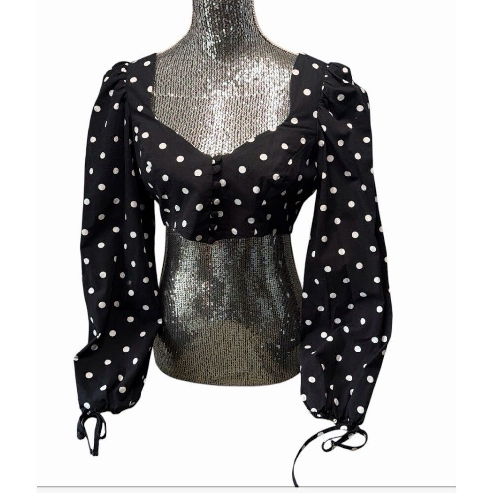Topshop  buff balloon sleeve Corset Crop top with polka dots black & White Sz 6